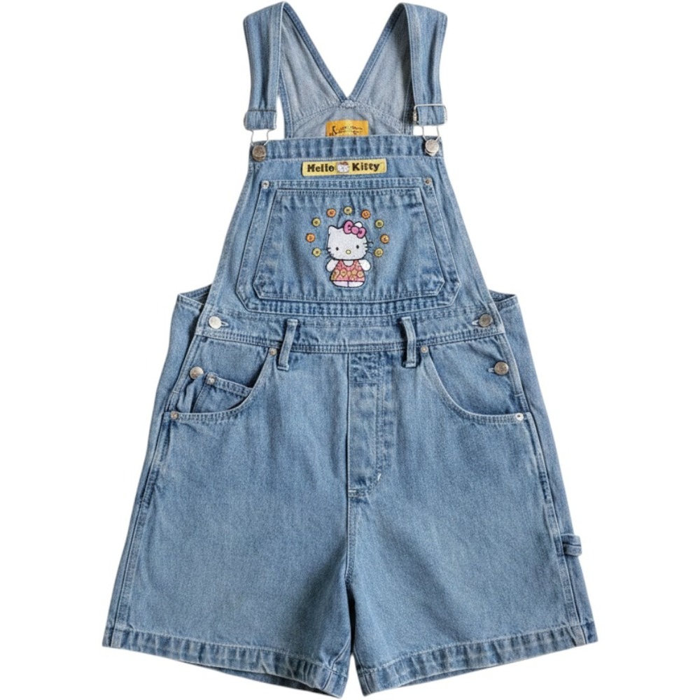Vintage 90s Y2K Hello Kitty ADULT Denim Overalls Medium Sanrio Smiles Shortalls
